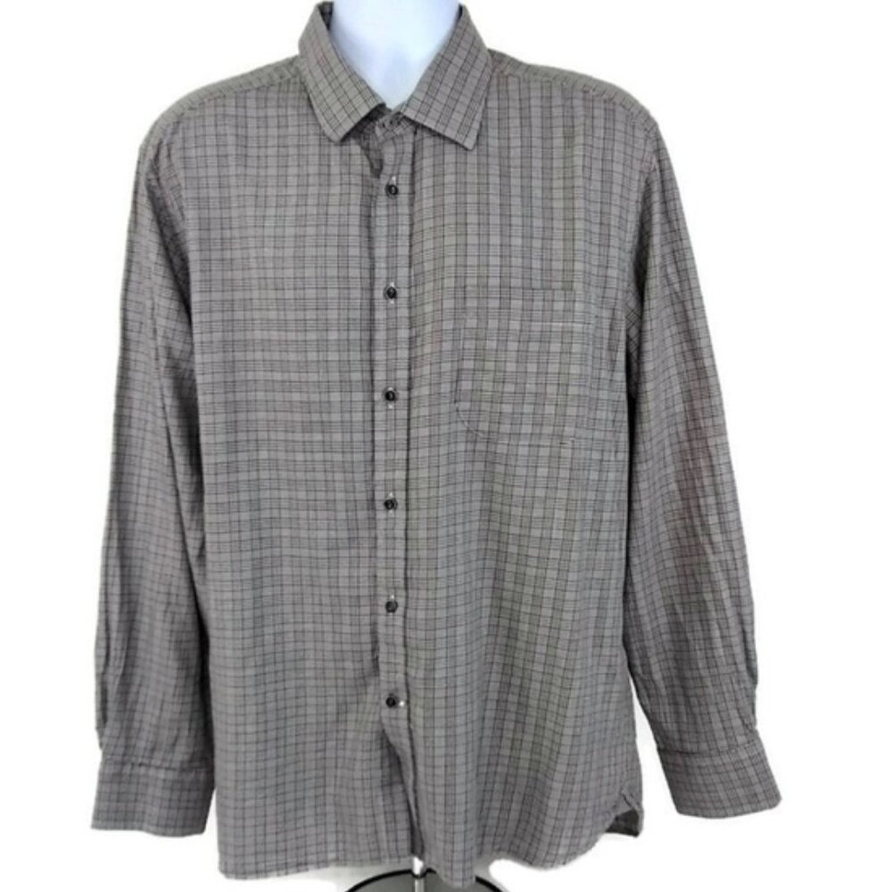 Joseph Abboud Tall Mens Gray Brown Glen Plaid Pocket Collared Button Up Shirt XL